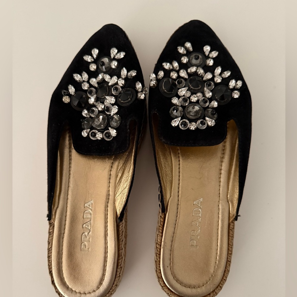 Prada. Black Crystal Embellished Suede Slip On Espadrille Mules.
